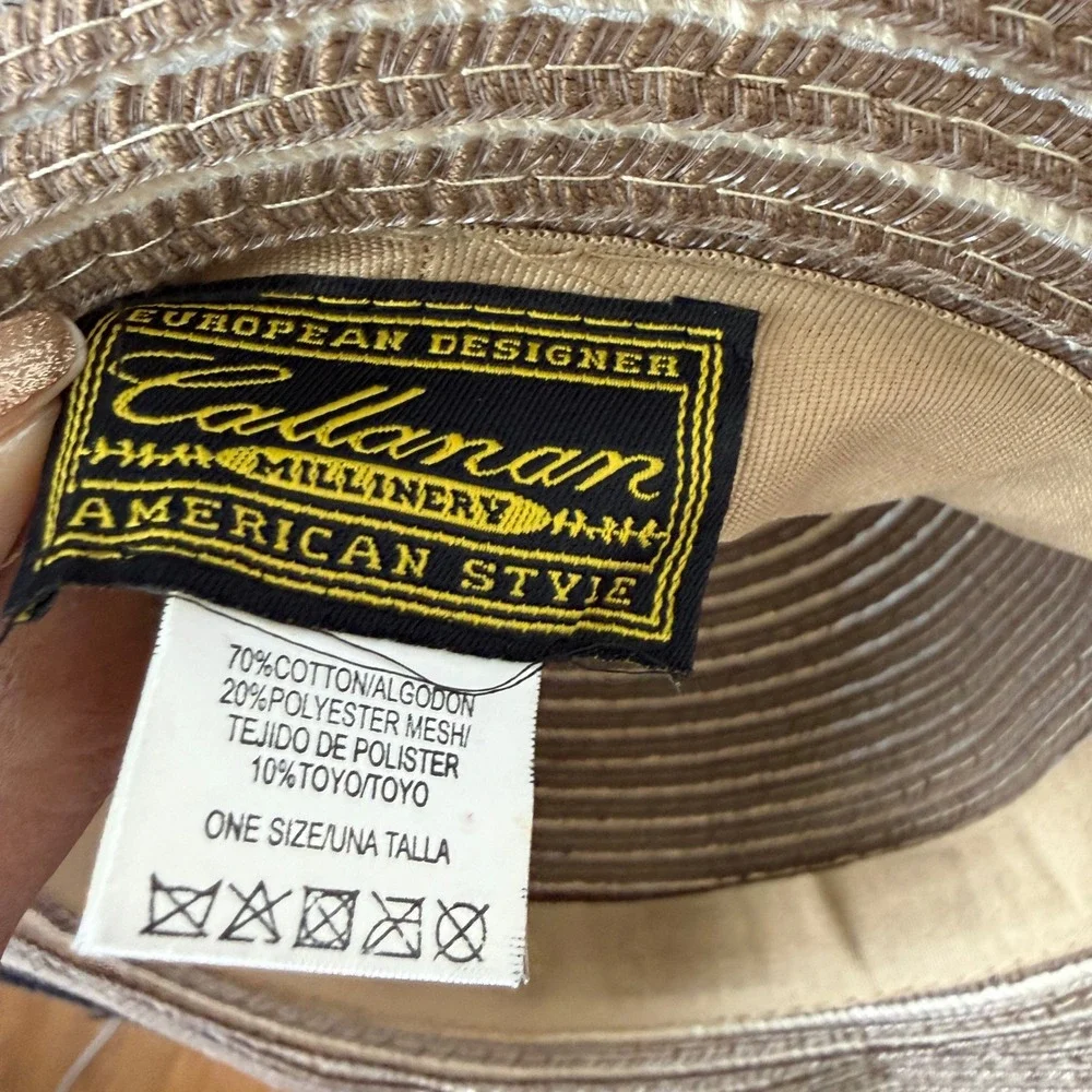 Callanan Designer OS Tan Black Sun Hat Floppy Straw Millinery Flower Beach